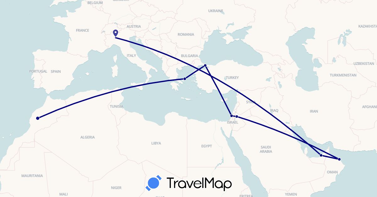 TravelMap itinerary: driving in United Arab Emirates, Greece, Israel, Italy, Jordan, Morocco, Oman, Turkey (Africa, Asia, Europe)